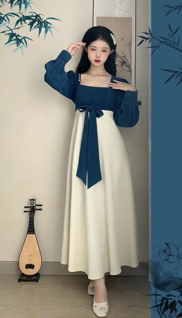 National Style New Chinese Style Spring And Autumn French Retro Elegant Slim Square Collar High Waist Skirt