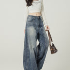 Retro Blue High Street Loose Wide Leg Jeans For Women