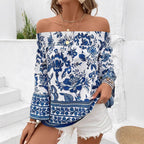 Women's Off-shoulder Shoulder-baring Floral Print T-shirt Top