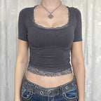 Y2g Solid Color Lace U-neck Sexy Midriff-baring Short Sleeve Top T-shirt Women's Clothing