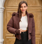 Women's Hooded Large Fur Collar Short Cotton Jacket