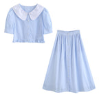 Blue Stripe College Style Skirt Design Two-piece Set